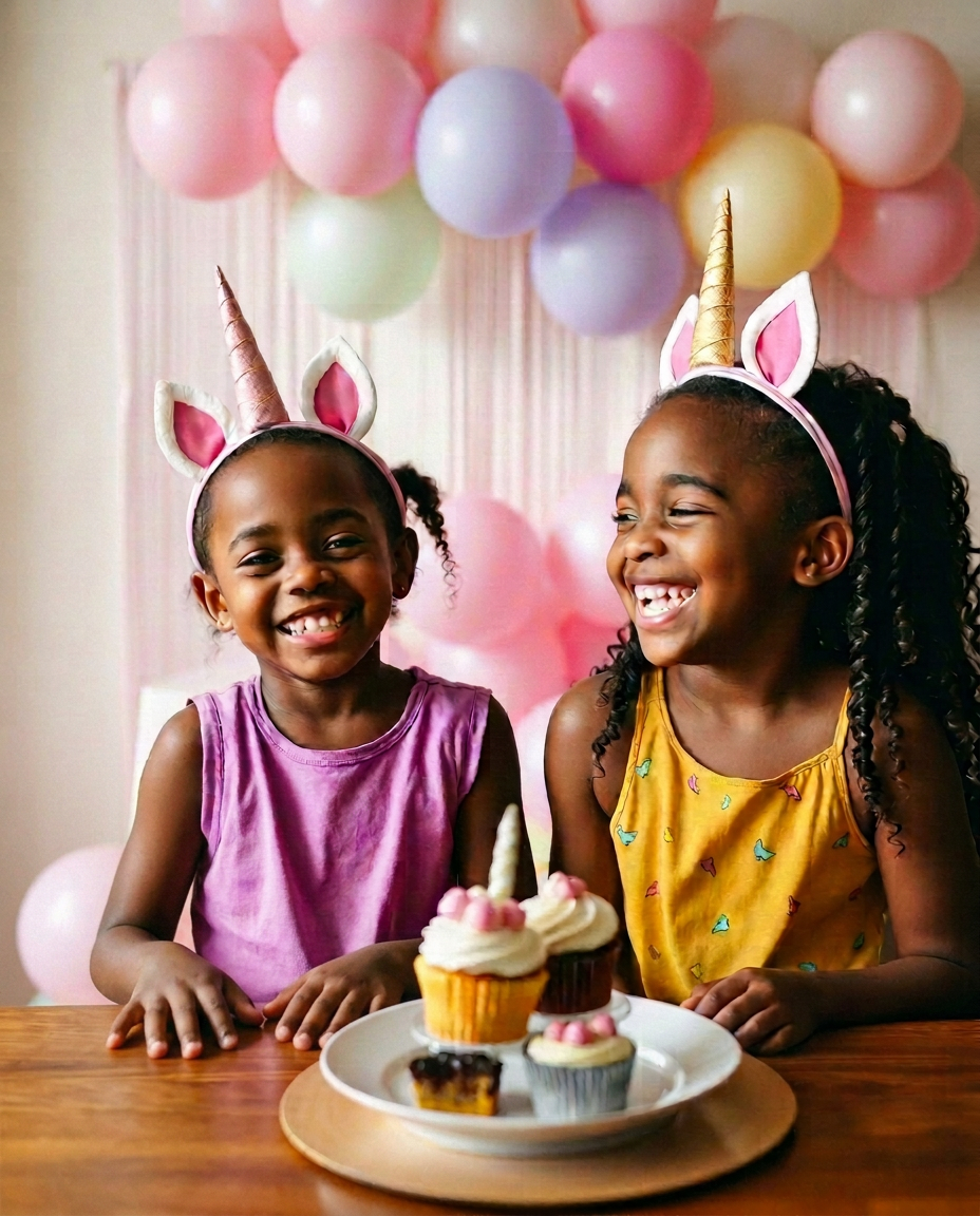 Two young Black sisters in unicorn headbands laughing at a themed brunch