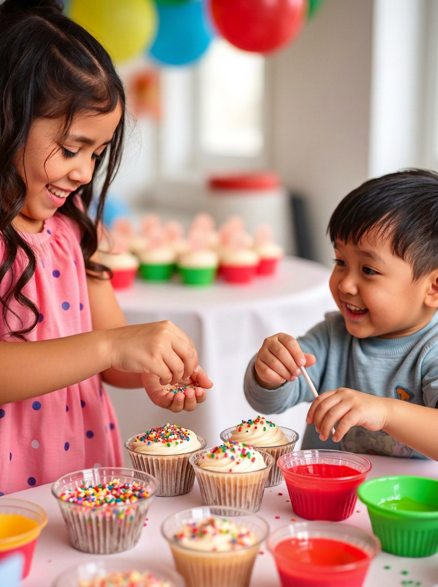 Latina girl and Asian boy decorating cupcakes together at a party station