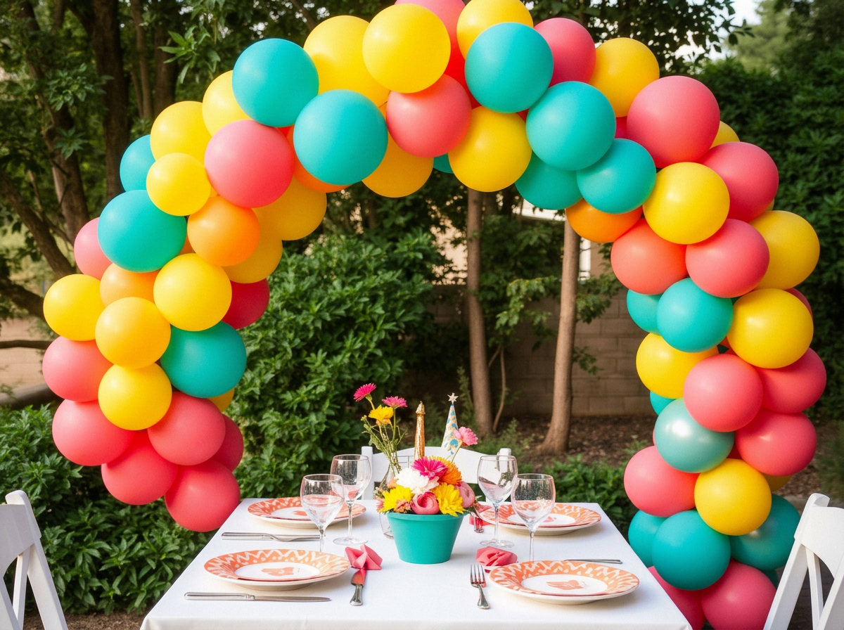 Colorful balloon arch over a decorated brunch table