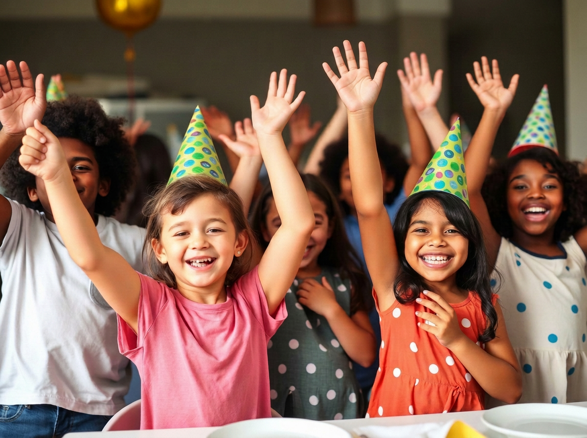 Diverse group of children in party hats cheering at a brunch celebration