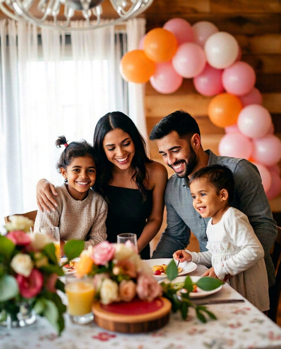 Multiracial family with two kids enjoying a themed brunch