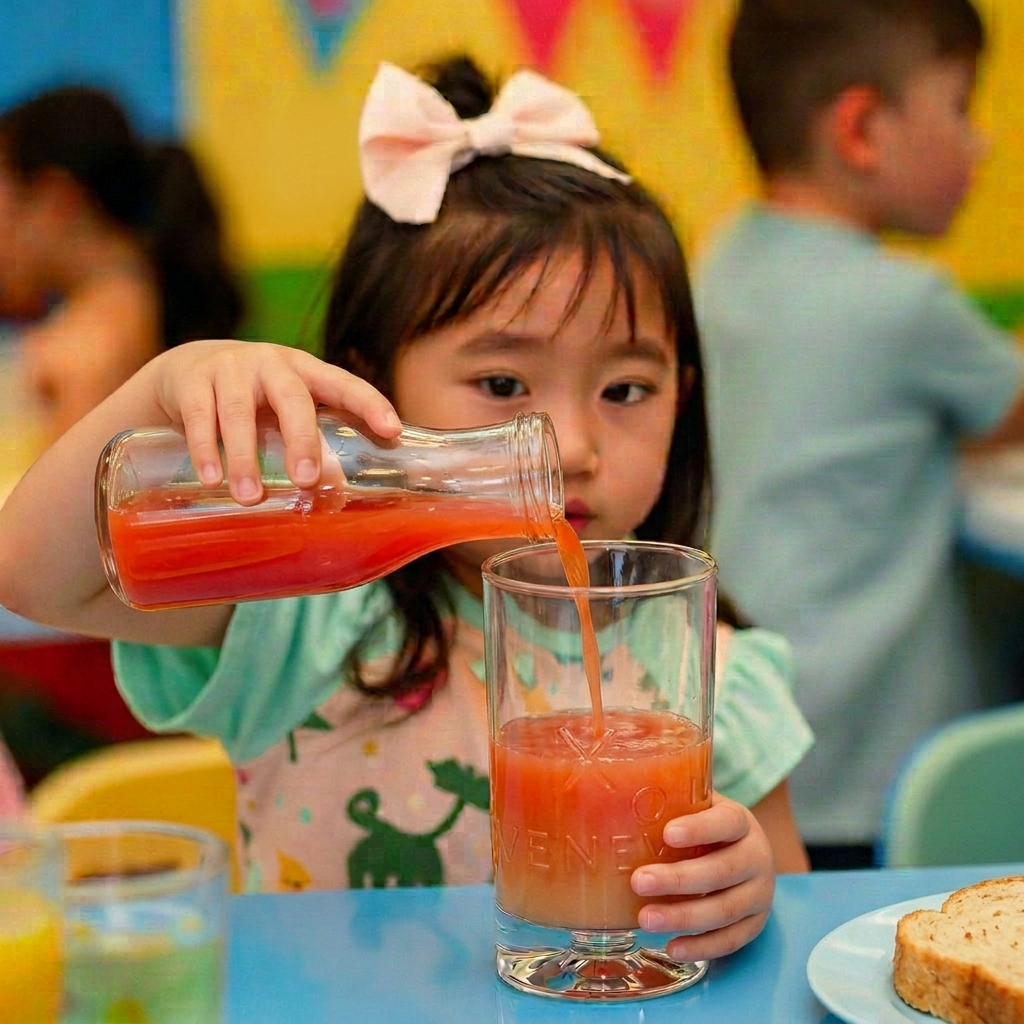 Young Asian girl pouring themed juice at a kids brunch bar
